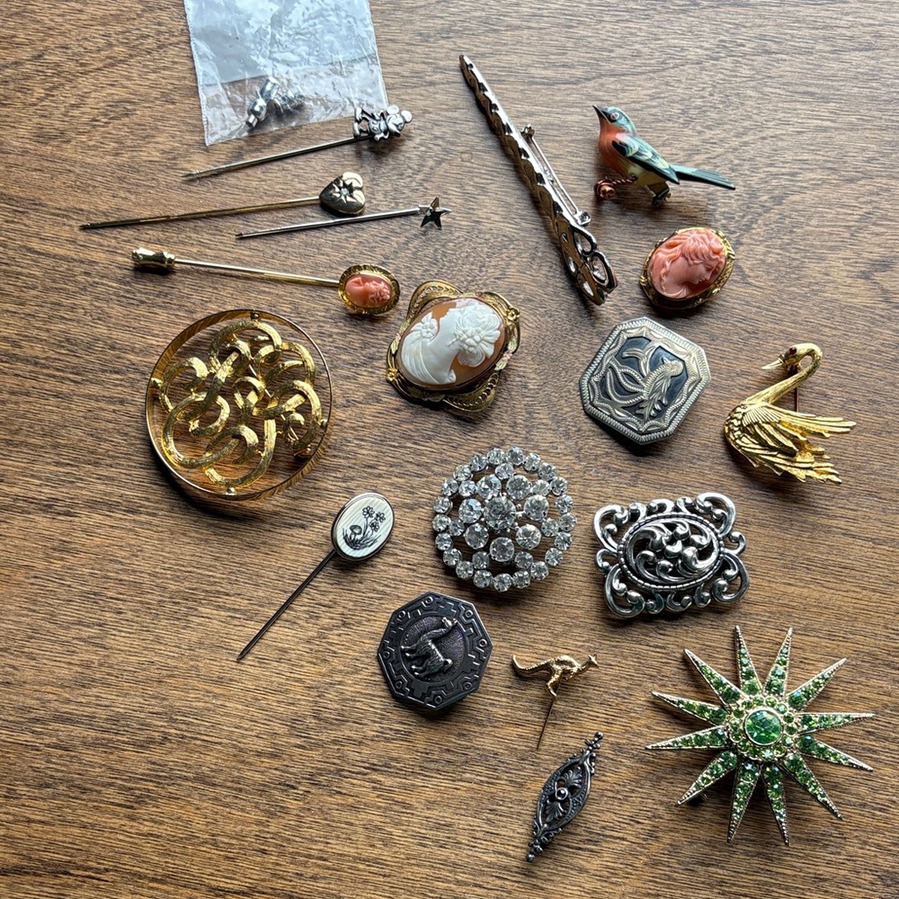 Vintage Mixed Brooch & Stick Pin Lot - Gold, Silver, Green, Coral